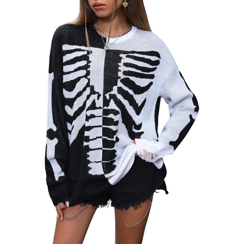 Women's Skeleton Knit Sweater Acrylic Crew Neck Long Sleeve Casual Holiday